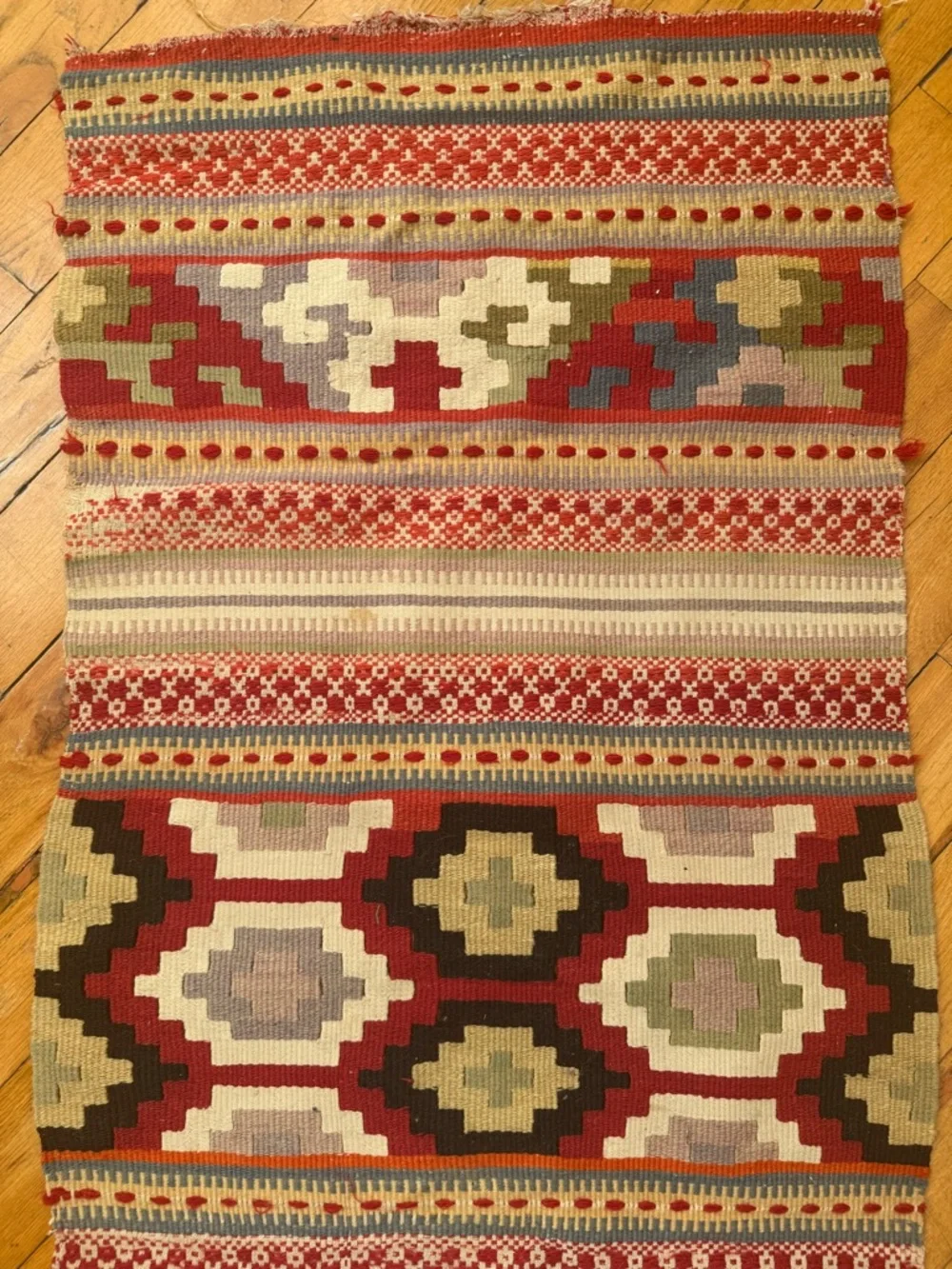 Antique Handwoven Kilim Runner Rug in Red, Green, Cream & Black